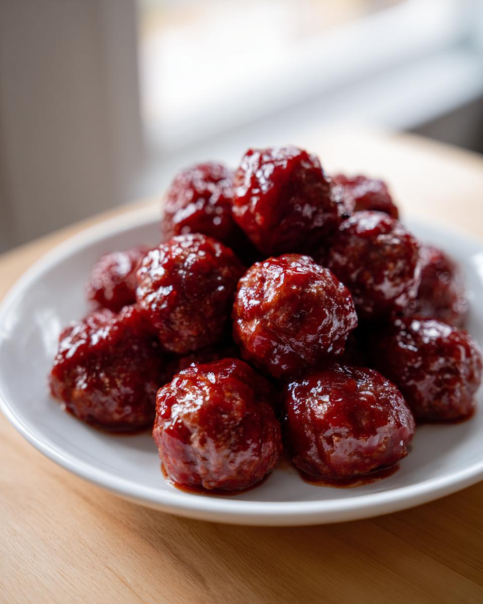 A pile of glistening Cranberry Meatballs coated in a rich, dark red sauce, served on a white plate.