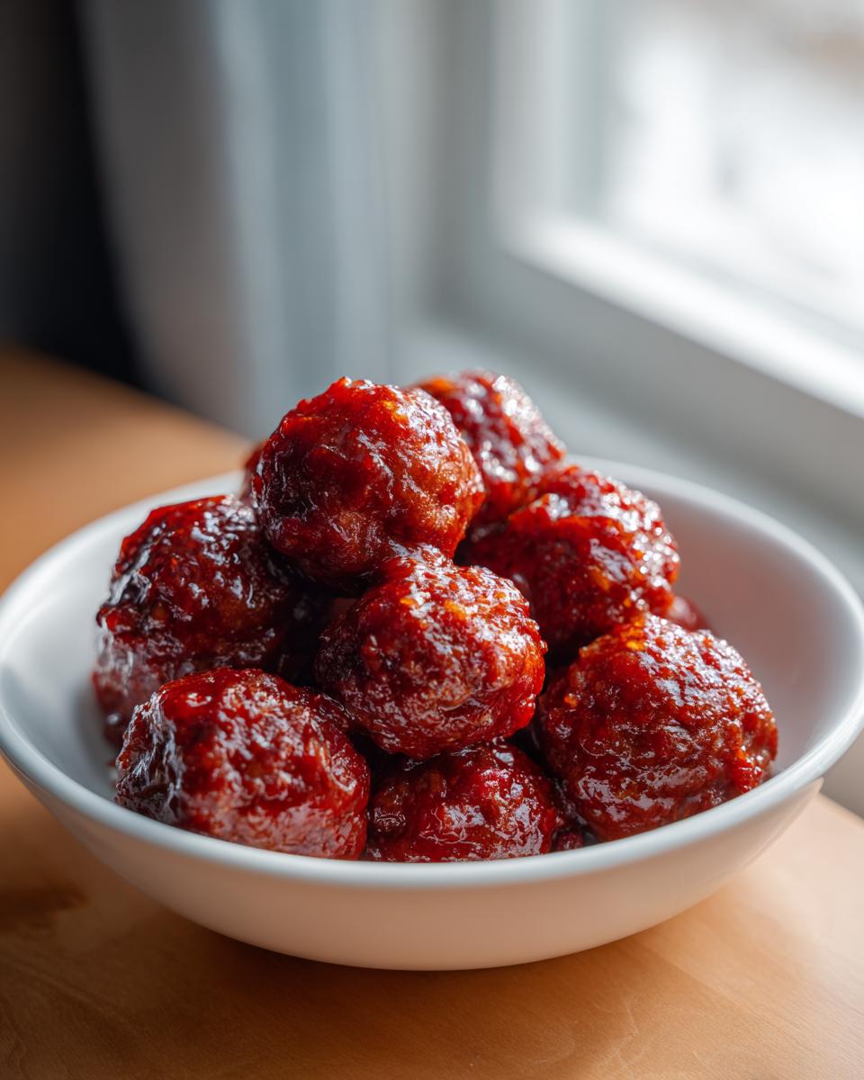 A close-up of several glossy, sauce-covered Cranberry Meatballs piled high in a small white bowl.