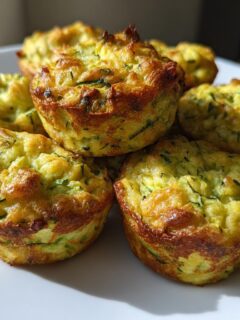 A close-up of several golden-brown, freshly baked Zucchini Tots piled on a white plate.