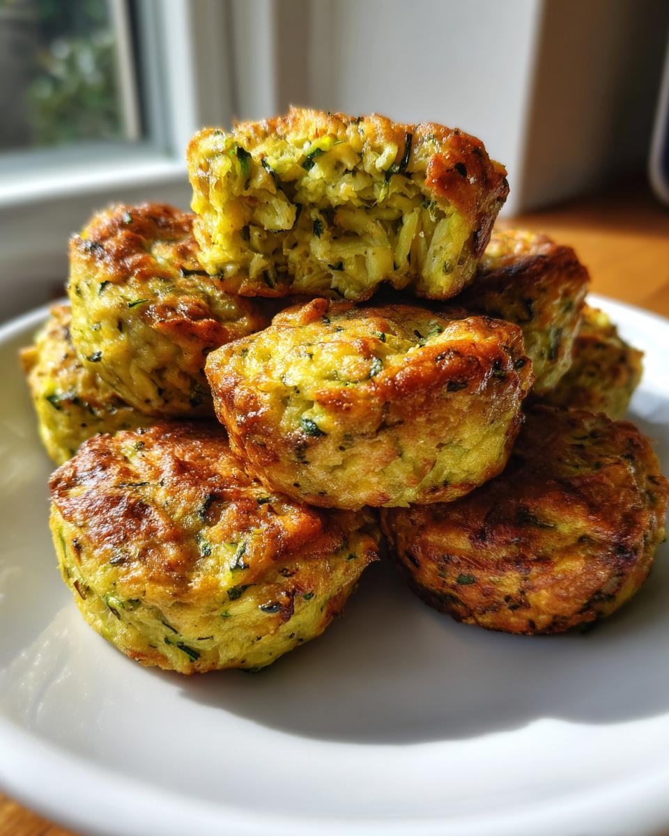 A stack of golden brown baked Zucchini Tots on a white plate, with one tot broken open showing shredded zucchini inside.