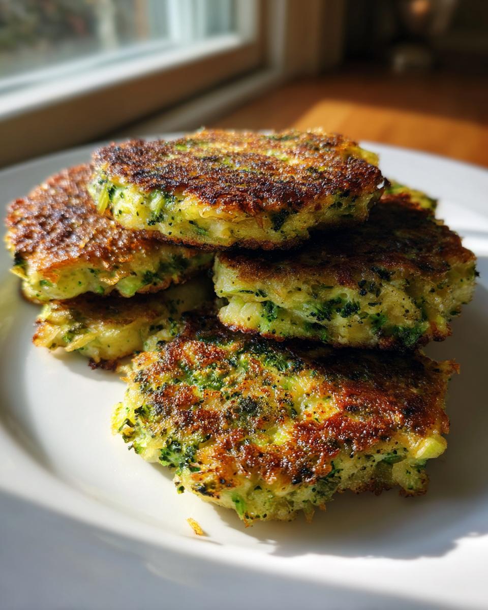 A stack of perfectly pan-fried, golden brown Broccoli Fritters with visible green broccoli florets inside.