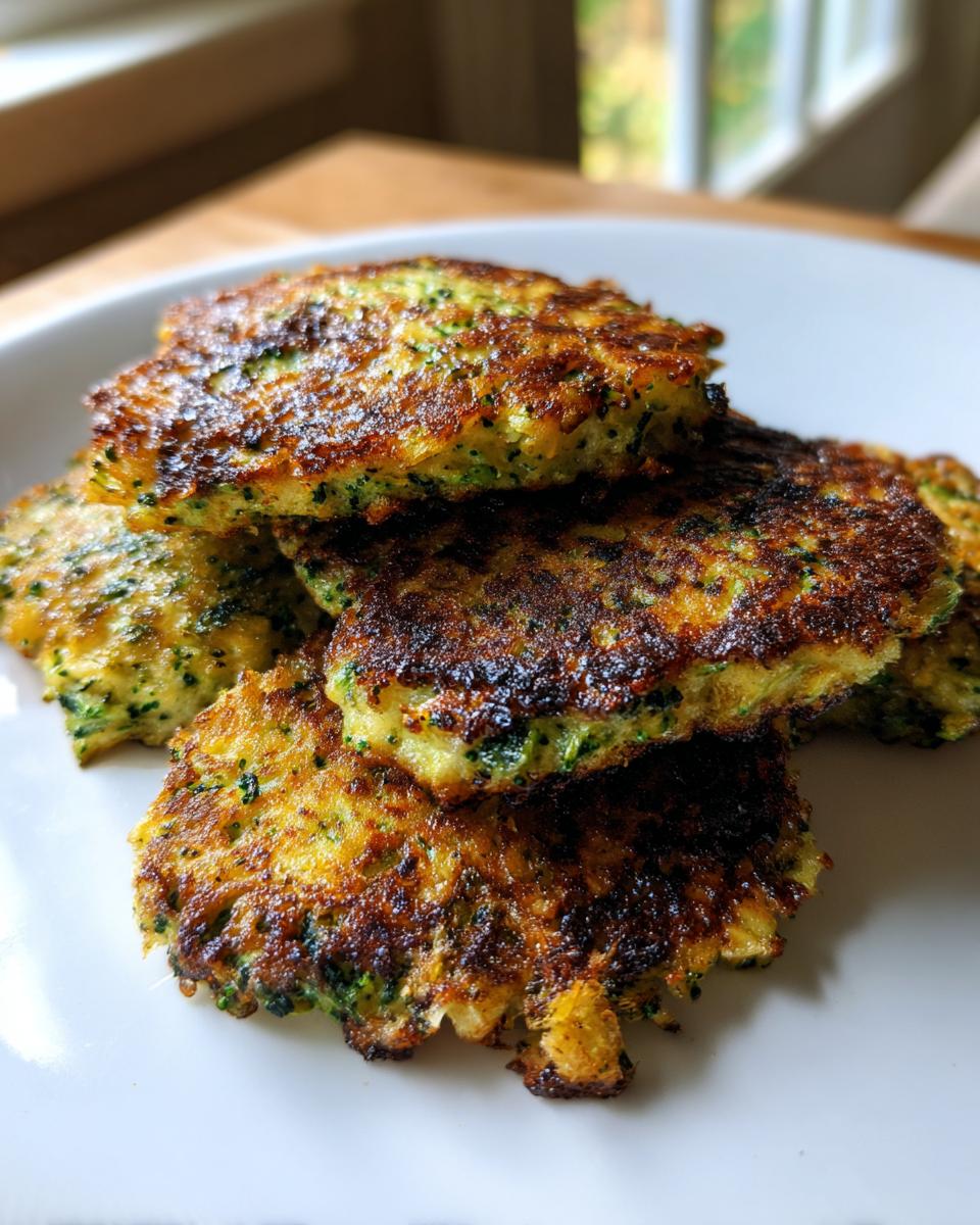 A close-up stack of golden brown, pan-fried Broccoli Fritters on a white plate.