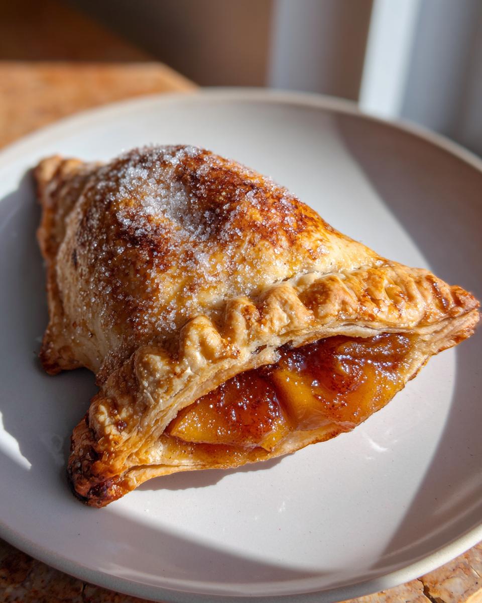 A single, golden brown Peach Hand Pies pastry dusted with sugar, showing warm peach filling spilling out slightly.