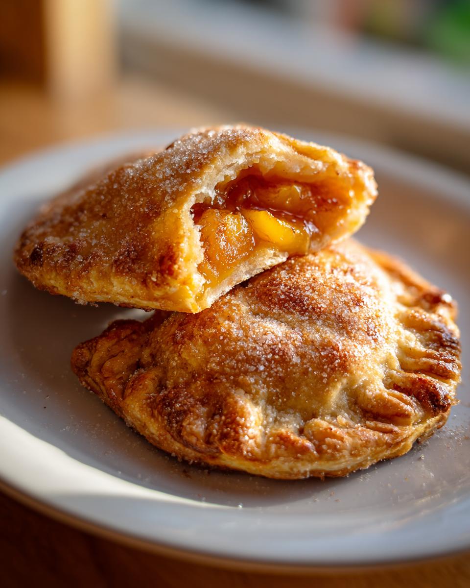 Two golden-brown Peach Hand Pies on a plate, one cut open revealing warm peach filling.