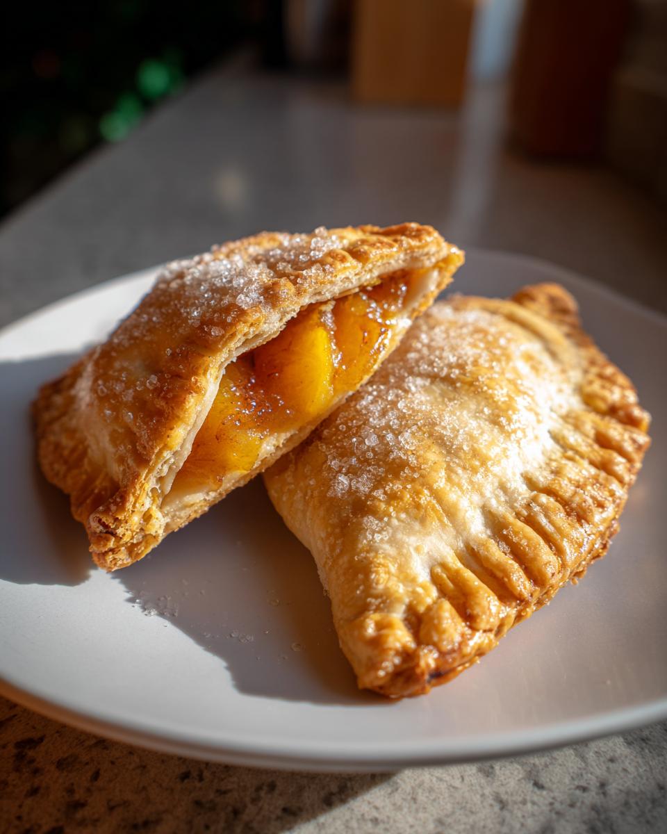 Two golden brown Peach Hand Pies dusted with sugar, one cut open to show the warm peach filling.