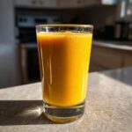 Close-up of a tall glass filled with a thick, vibrant orange Golden Peach Sunrise Smoothie sitting on a kitchen counter.