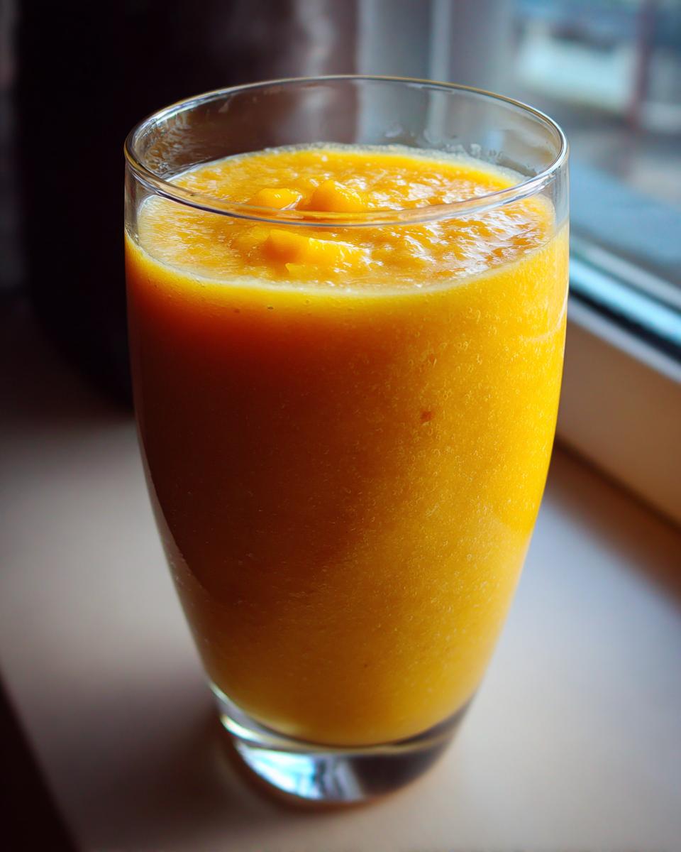 Close-up of a tall glass filled with a thick, vibrant orange Golden Peach Sunrise Smoothie.
