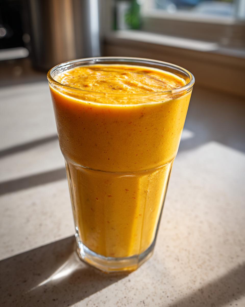 A tall glass filled with a thick, vibrant orange Golden Peach Sunrise Smoothie, sitting on a countertop in sunlight.