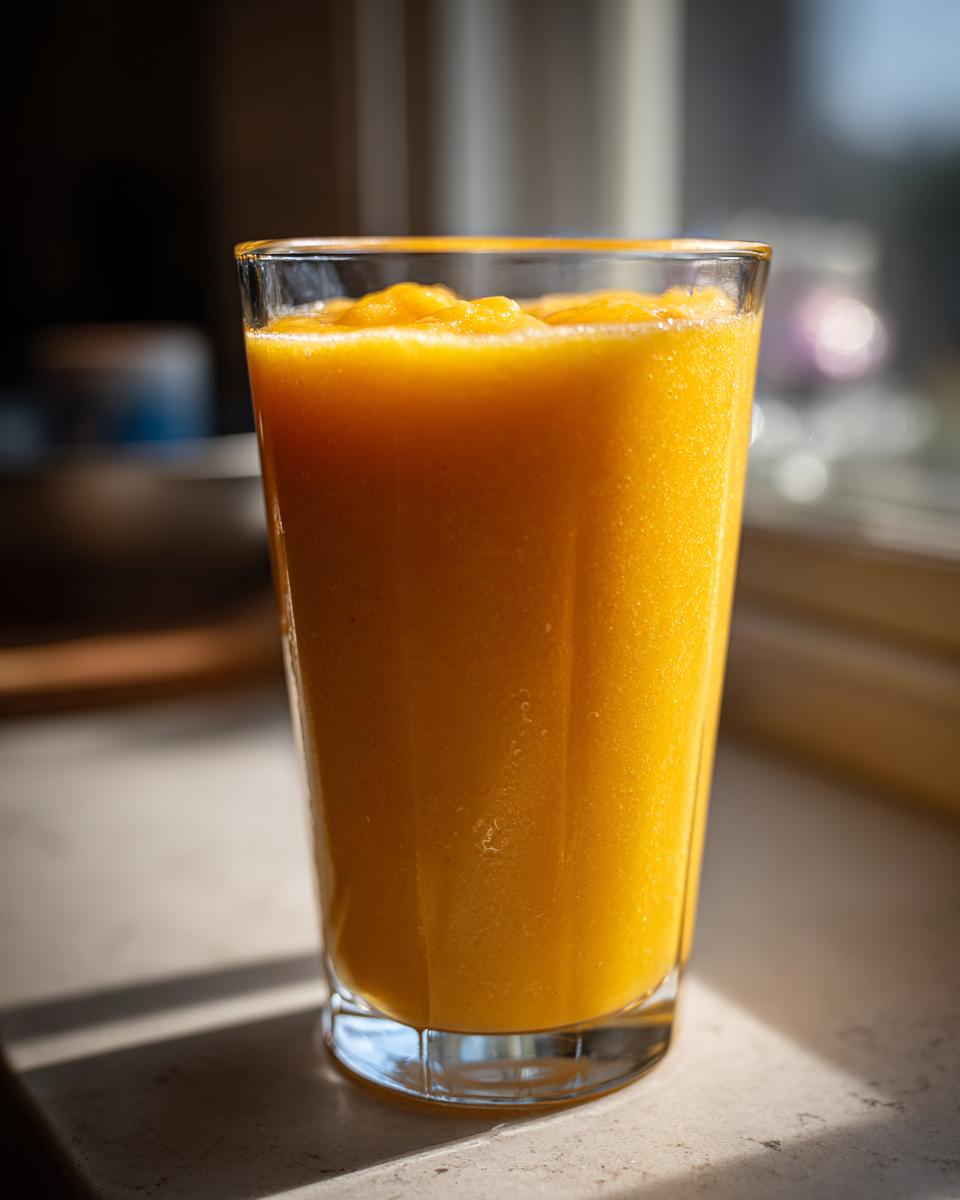 A tall glass filled with a thick, bright orange Golden Peach Sunrise Smoothie, catching morning light.