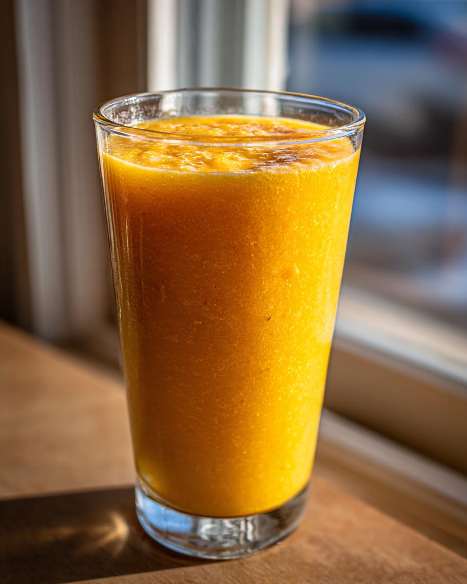 A tall glass filled with a thick, vibrant orange Golden Peach Sunrise Smoothie, sitting on a wooden surface near a window.