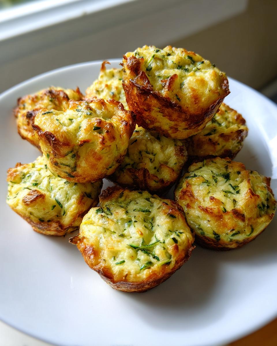 A stack of freshly baked, golden brown Zucchini Tots with visible shredded zucchini on a white plate.