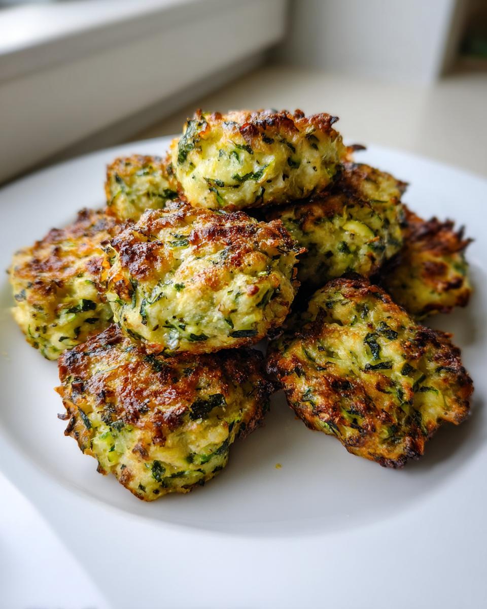 A stack of golden brown, baked Zucchini Tots piled on a white plate, showing crispy edges.