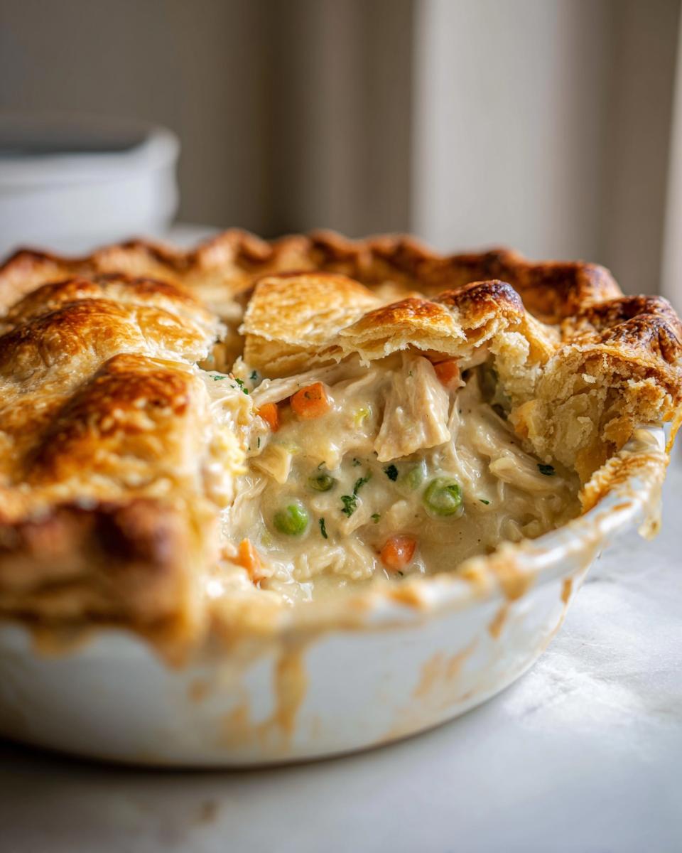 Close-up of Grandmas Chicken Pot Pie with a piece cut out, revealing creamy filling, chicken, peas, and carrots under a golden crust.