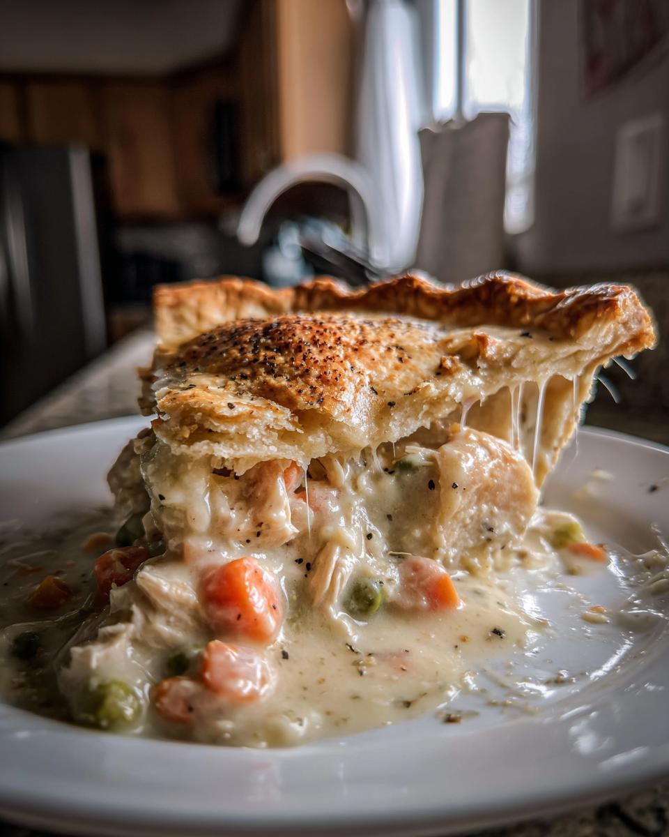 A decadent slice of Grandmas Chicken Pot Pie overflowing with creamy filling, chicken, carrots, and peas.
