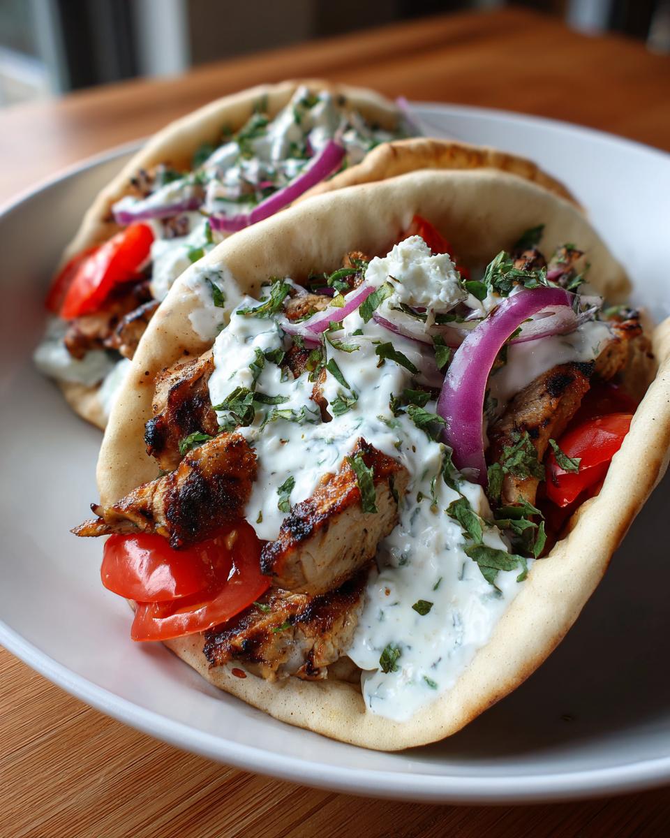Two servings of Greek Chicken Gyros stuffed with grilled chicken, tomatoes, red onion, and topped with creamy tzatziki sauce.