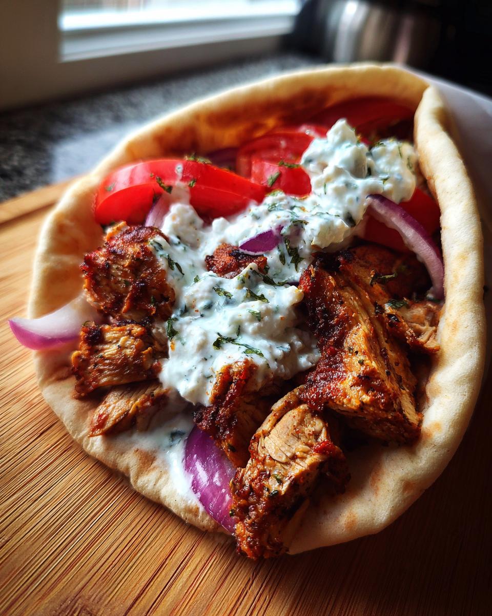 A close-up of a delicious Greek Chicken Gyros stuffed with seasoned chicken, tomatoes, red onion, and topped with Tzatziki Sauce.