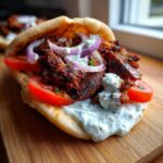 Close-up of a delicious Greek Chicken Gyros stuffed in pita bread with tomatoes, red onion, and creamy tzatziki sauce.