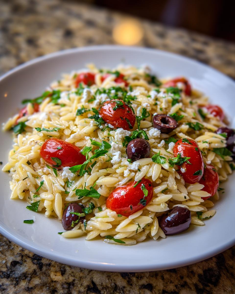A close-up serving of vibrant Greek Orzo Salad featuring orzo pasta, halved cherry tomatoes, Kalamata olives, and crumbled feta cheese.
