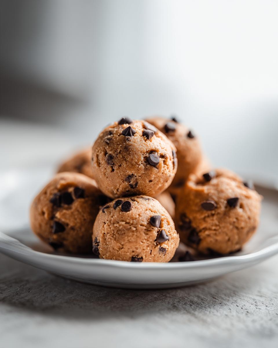 A close-up of several scoops of Greek yogurt cookie dough mixed with mini chocolate chips piled on a white plate.