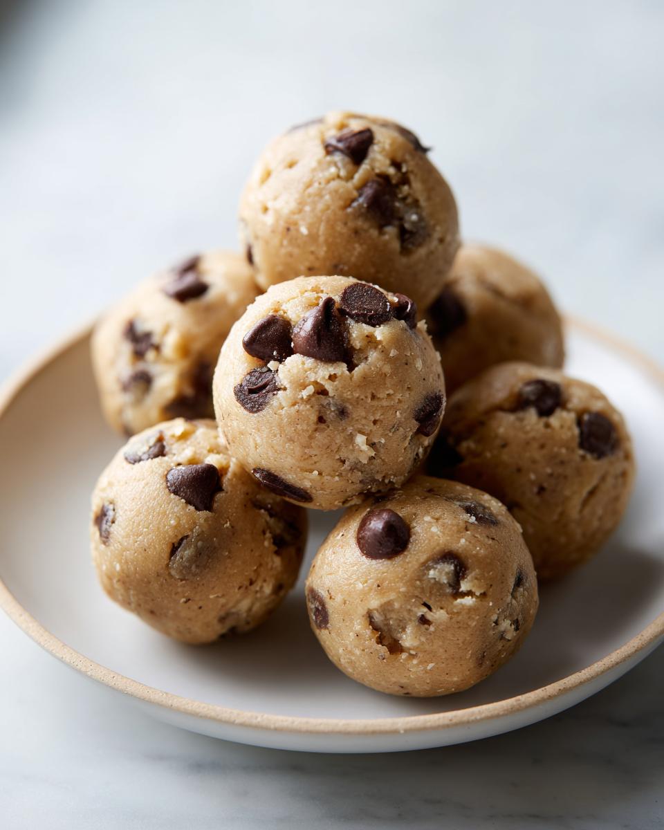 A stack of round balls of Greek Yogurt Cookie Dough studded with chocolate chips, resting on a small white plate.