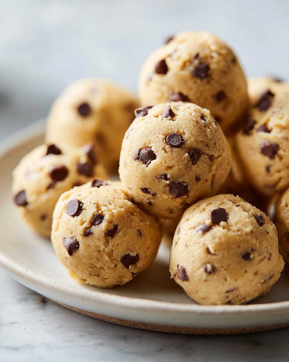 Close-up of several balls of edible Greek Yogurt Cookie Dough loaded with mini chocolate chips.