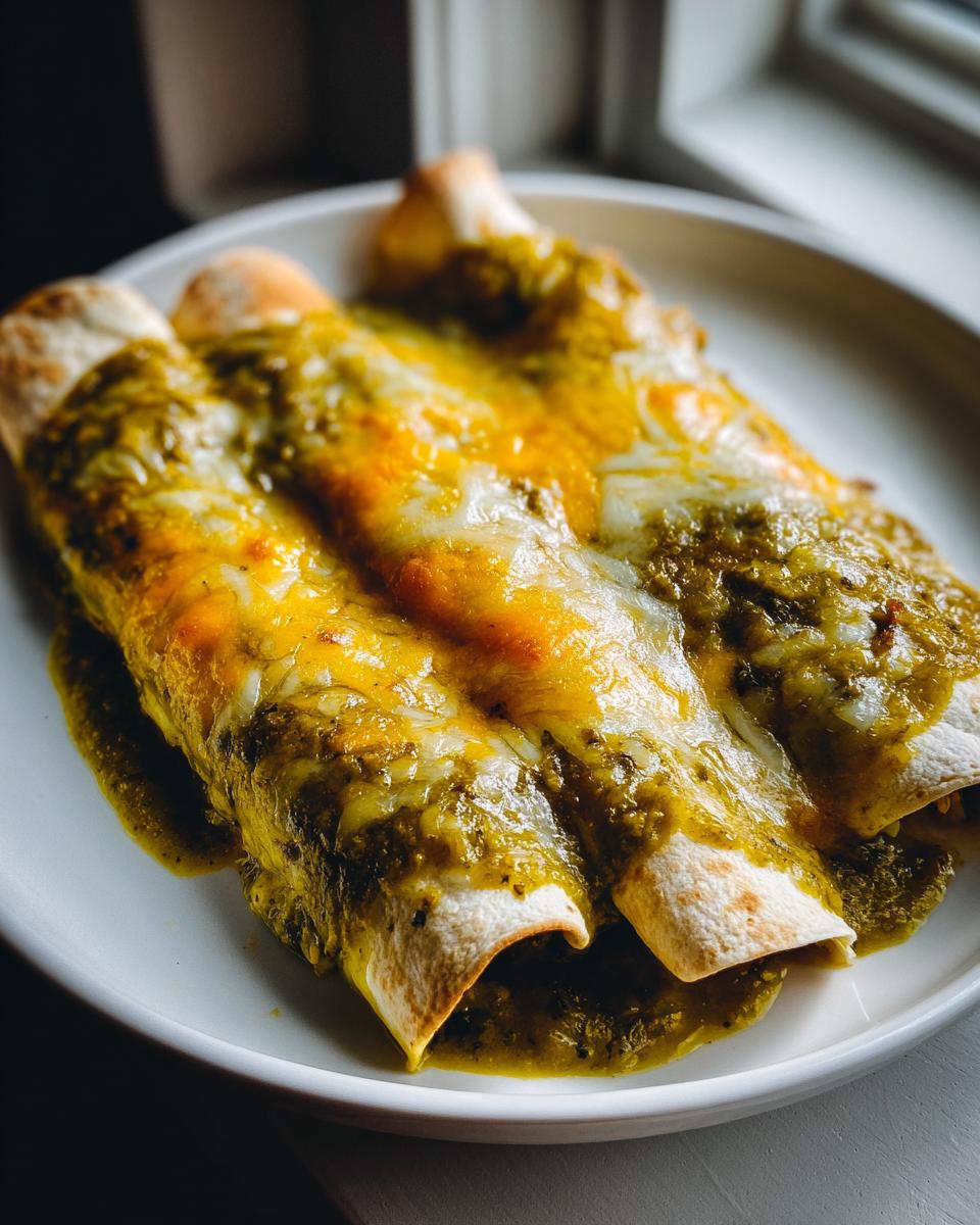Three rolled Green Chile Enchiladas smothered in vibrant green sauce and melted yellow and white cheese.