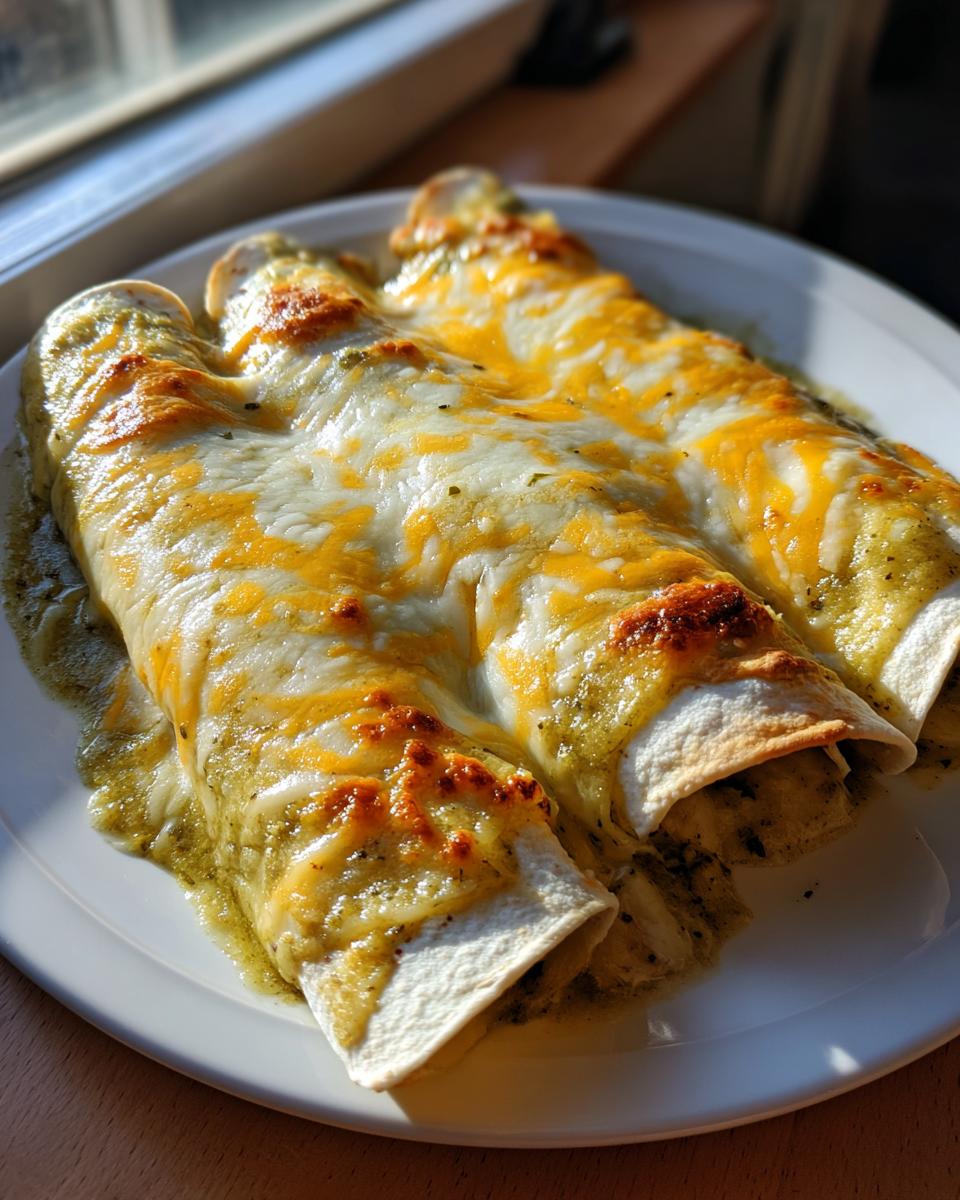 Three rolled Green Chile Enchiladas covered in melted white and cheddar cheese sauce, served on a white plate.