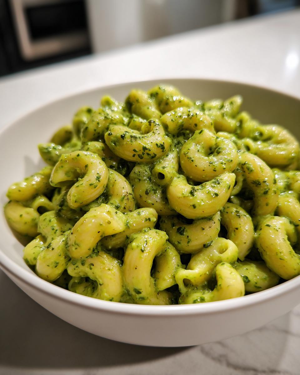 Close-up of elbow macaroni coated in vibrant, creamy Green Goddess Mac And Cheese sauce in a white bowl.