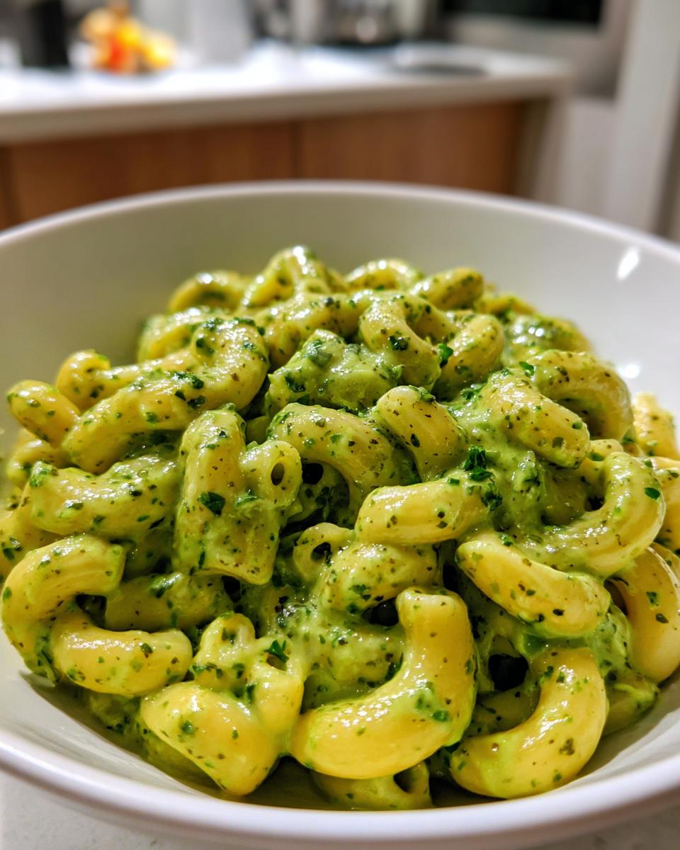 Close-up of creamy Green Goddess Mac And Cheese made with elbow macaroni coated in a vibrant green sauce.
