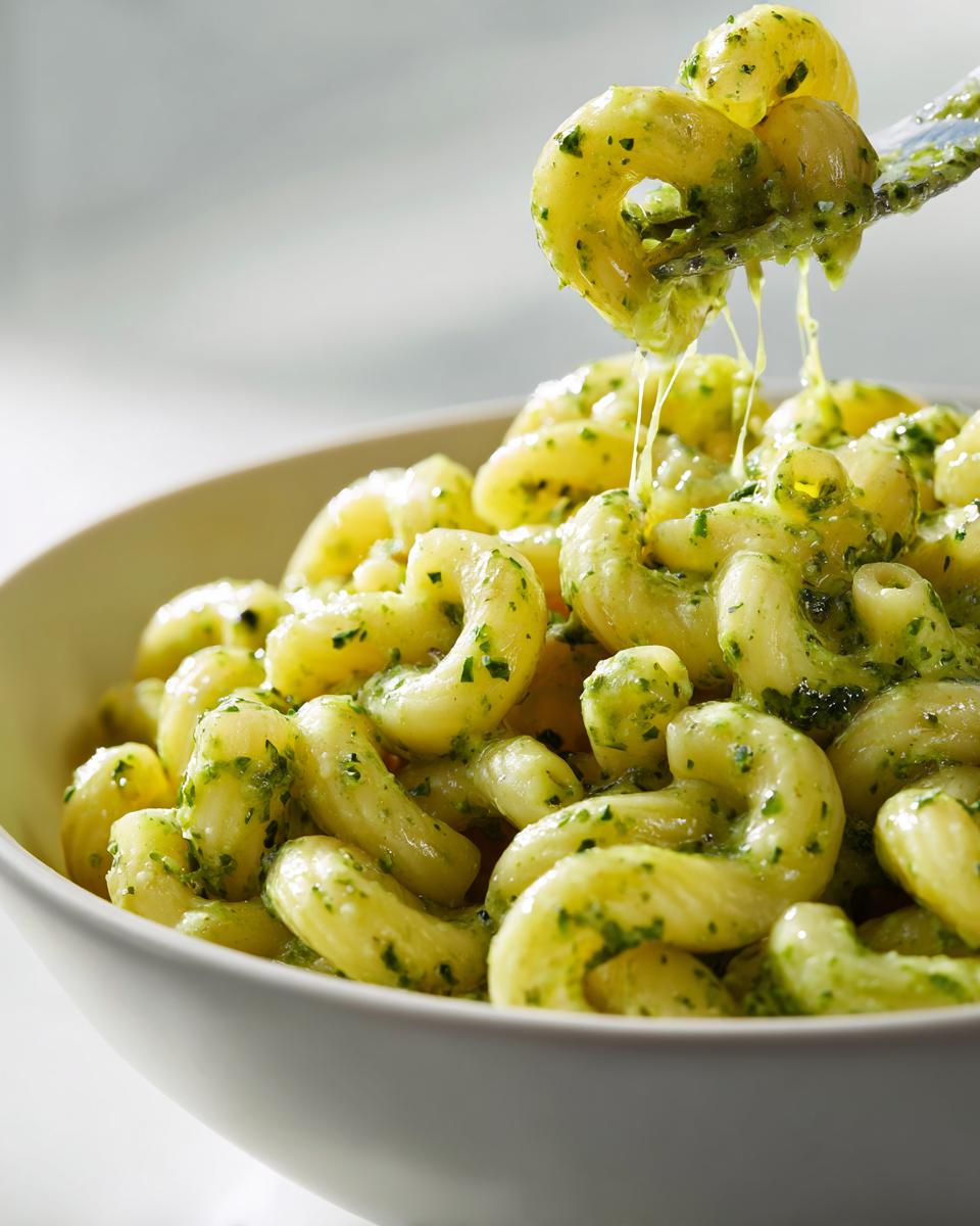 Close-up of creamy Green Goddess Mac And Cheese with cavatappi pasta being lifted by a fork, showing cheese pull.