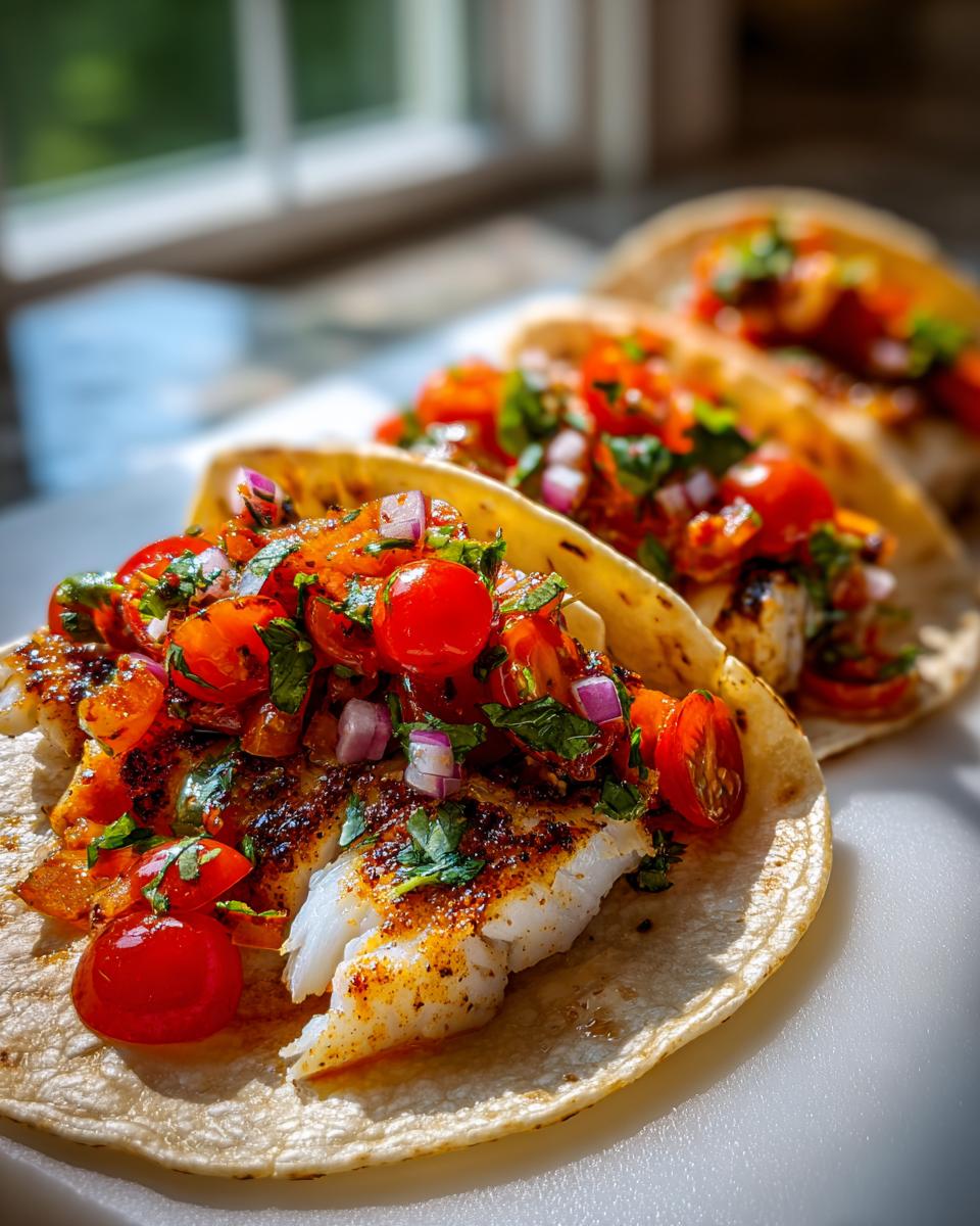 Close-up of a soft tortilla filled with seasoned grilled fish and topped generously with bright cherry tomato salsa.