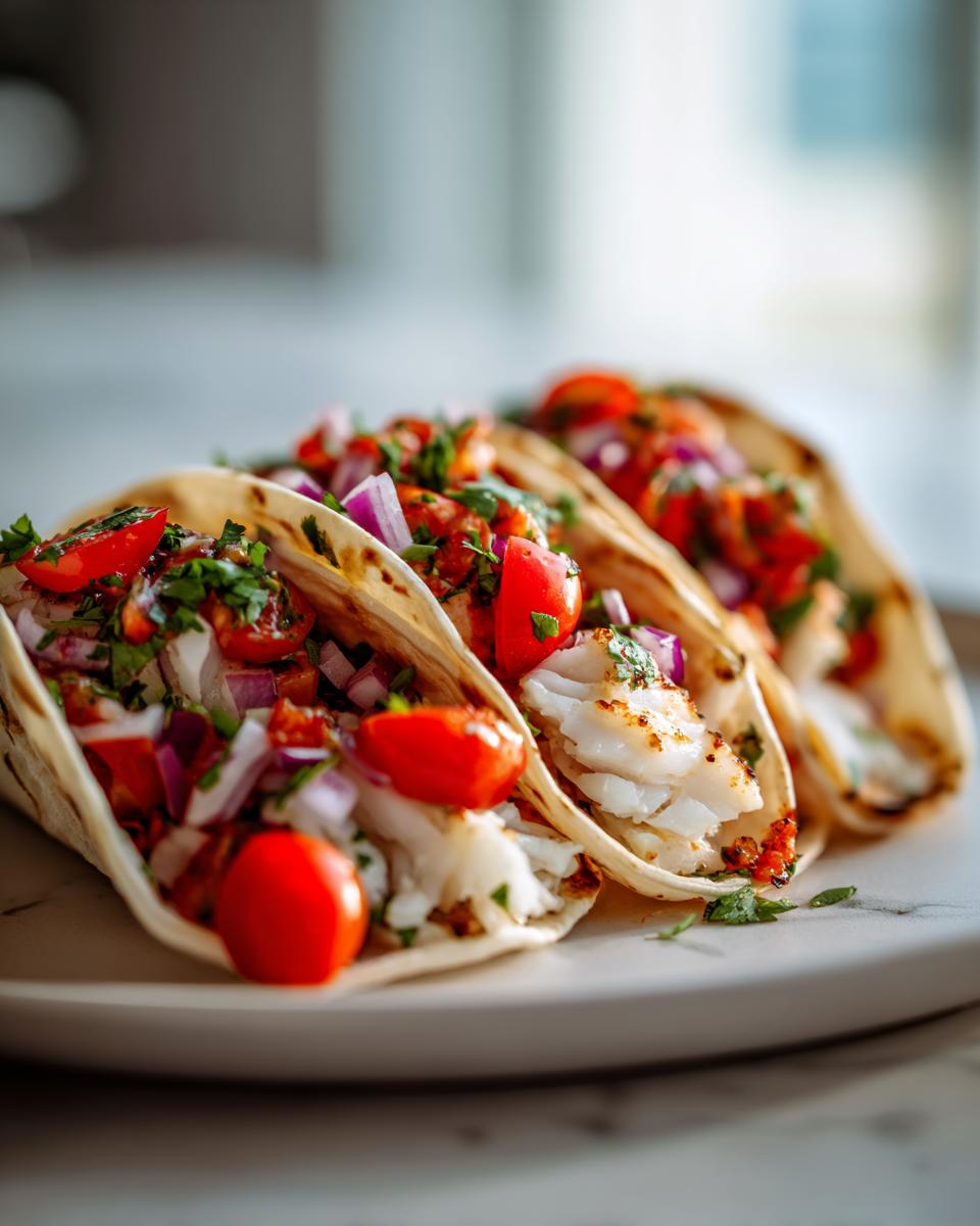 Close-up of three soft shell Grilled Fish Tacos With Cherry Tomato Salsa, topped with white fish, red onions, and halved cherry tomatoes.