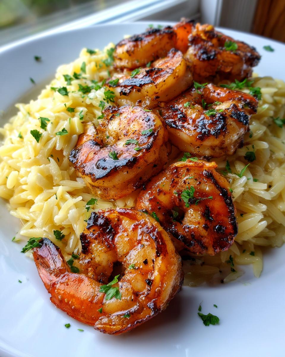Close-up of grilled garlic butter shrimp served over lemon orzo pasta, garnished with parsley.