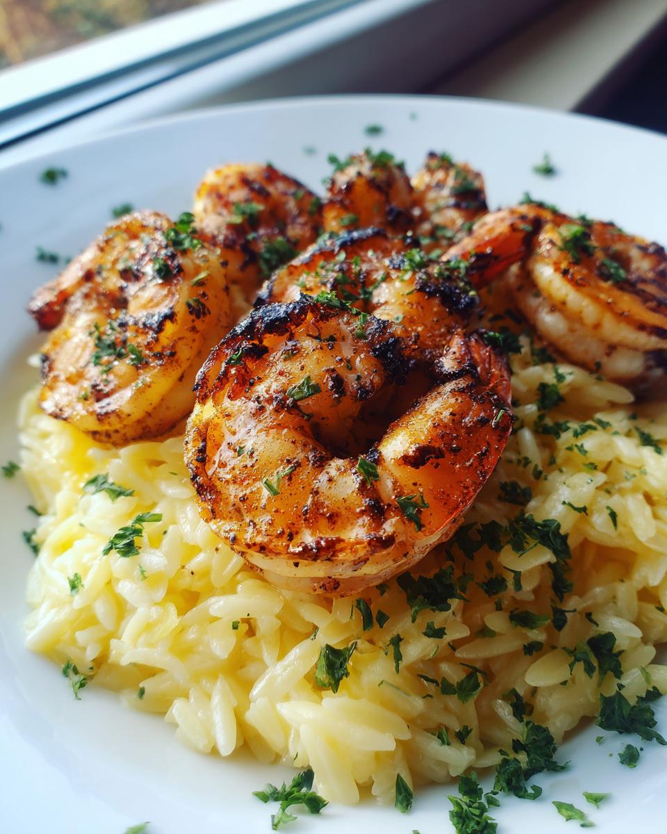 Close-up of Grilled Garlic Butter Shrimp With Lemon Orzo, garnished with fresh parsley.