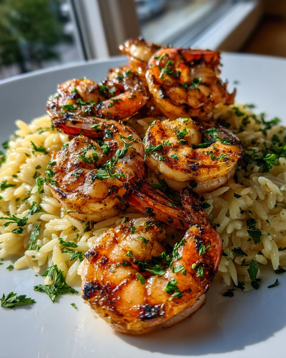 Close-up of grilled garlic butter shrimp with char marks served over lemon orzo pasta, garnished with parsley.
