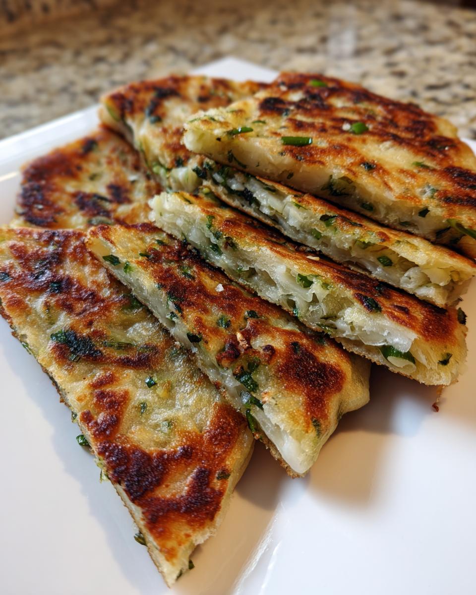 Slices of golden-brown Grilled Garlic Scallion Pancakes showing flaky layers and green scallions inside.