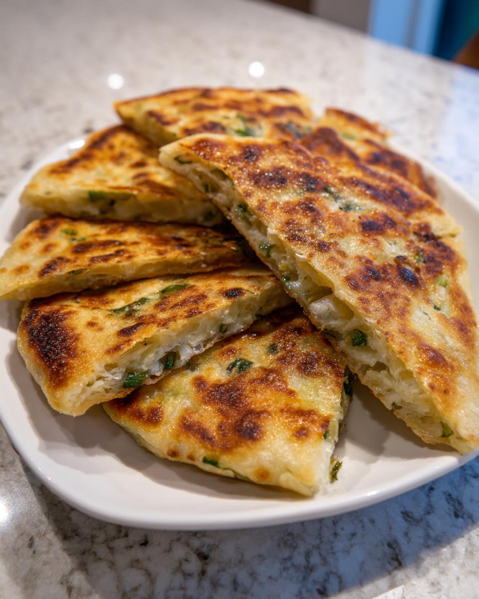 Slices of golden-brown Grilled Garlic Scallion Pancakes stacked on a white plate, showing flaky layers and green scallions.