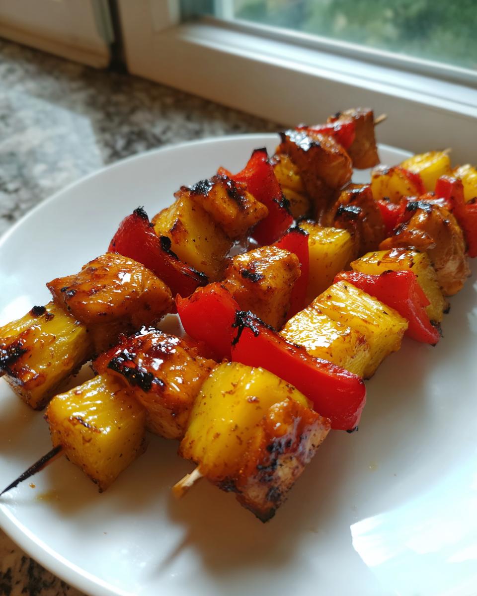 Two skewers of grilled Hawaiian Chicken Kabobs featuring glazed chicken, bright yellow pineapple, and red bell peppers.