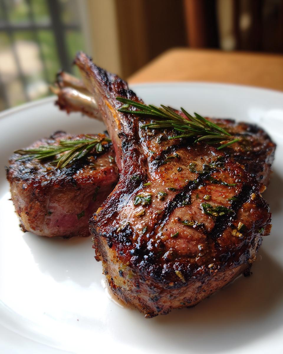 Two perfectly seared Grilled Lamb Chops With Rosemary resting on a white plate, showing grill marks and seasoning.