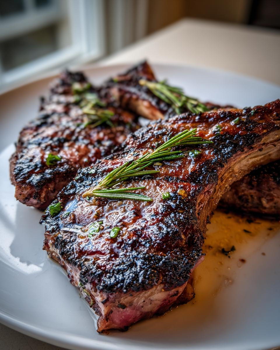 Close-up of juicy, charred Grilled Lamb Chops With Rosemary resting on a white plate.