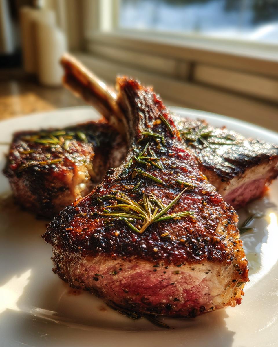 Close-up of two perfectly seared Grilled Lamb Chops With Rosemary on a white plate, showing a medium-rare center.