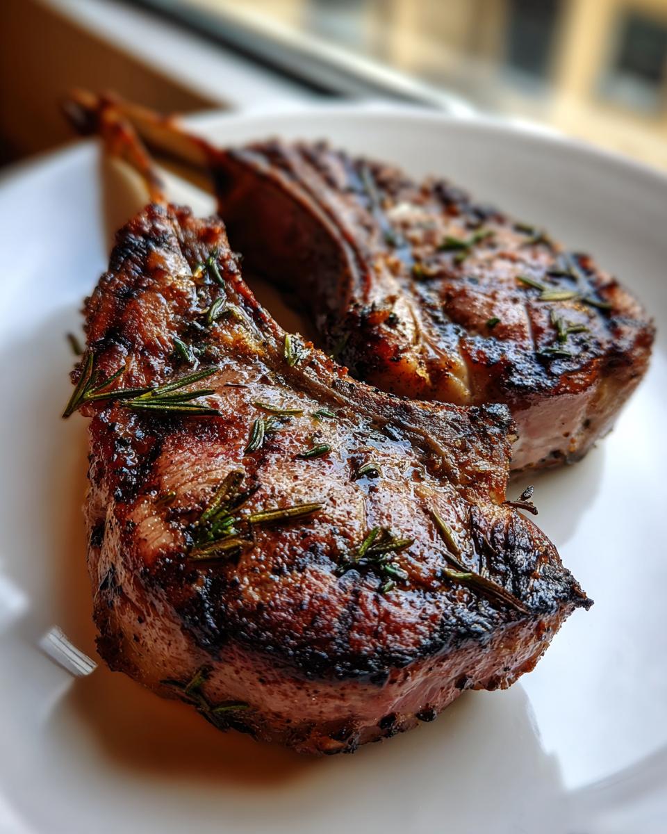 Two perfectly seared Grilled Lamb Chops With Rosemary resting on a white plate, showing char marks and herbs.