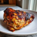 A close-up of a juicy, perfectly cooked piece of Grilled Lemon Herb Chicken Thighs with a caramelized, herby crust.