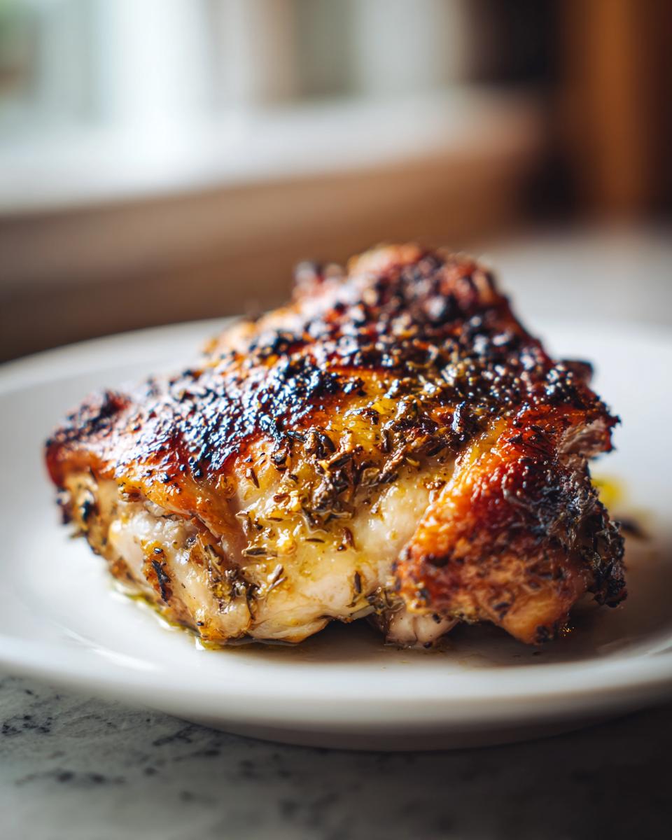 Close-up of a juicy Grilled Lemon Herb Chicken Thighs with a crispy, herb-crusted skin on a white plate.