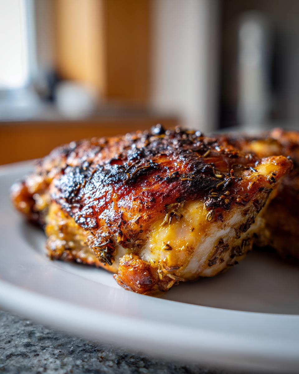 Close-up of a juicy Grilled Lemon Herb Chicken Thighs with a dark, herb-crusted, caramelized skin.