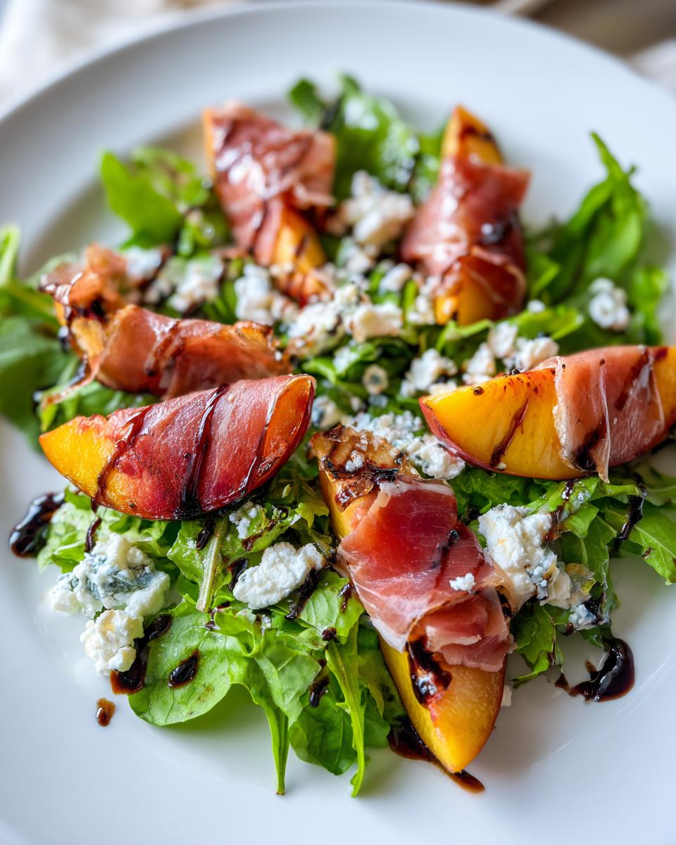 Close-up of a vibrant Grilled Peach Prosciutto Salad featuring grilled peach slices wrapped in prosciutto, blue cheese crumbles, and greens drizzled with balsamic glaze.