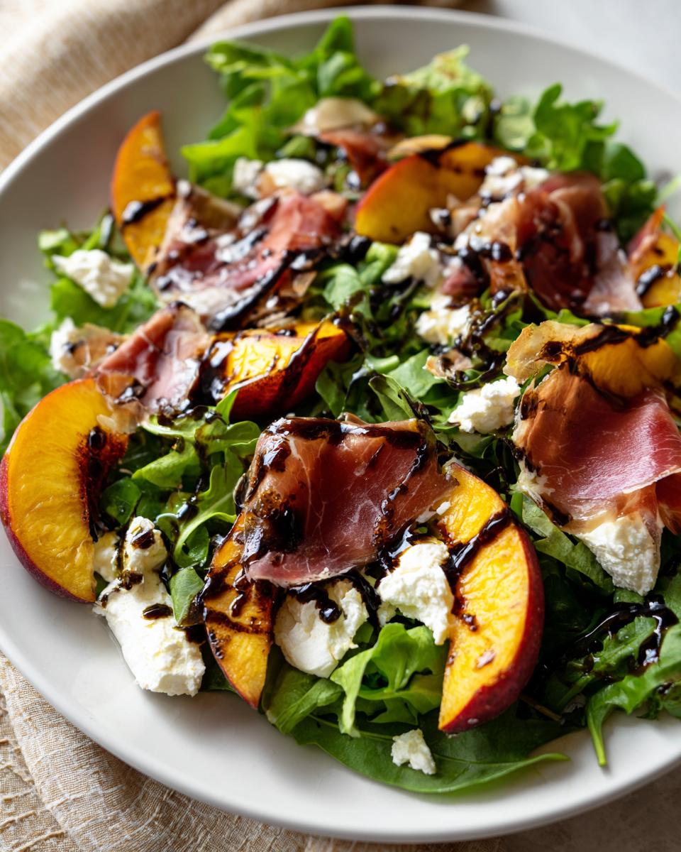 A vibrant close-up of Grilled Peach Prosciutto Salad featuring grilled peach slices, prosciutto, goat cheese, and a balsamic drizzle over arugula.