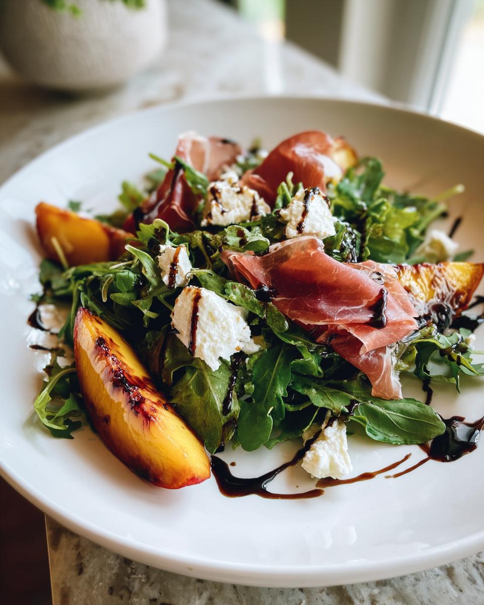 A vibrant Grilled Peach Prosciutto Salad featuring arugula, grilled peaches, prosciutto, and cheese drizzled with balsamic glaze.