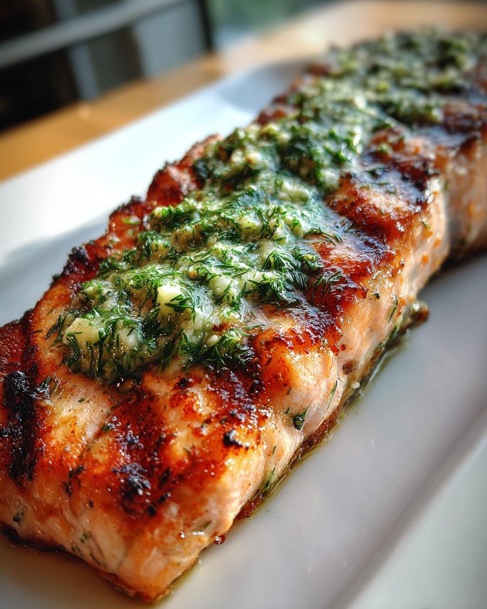 Close-up of a perfectly grilled salmon fillet topped with melted dill butter.
