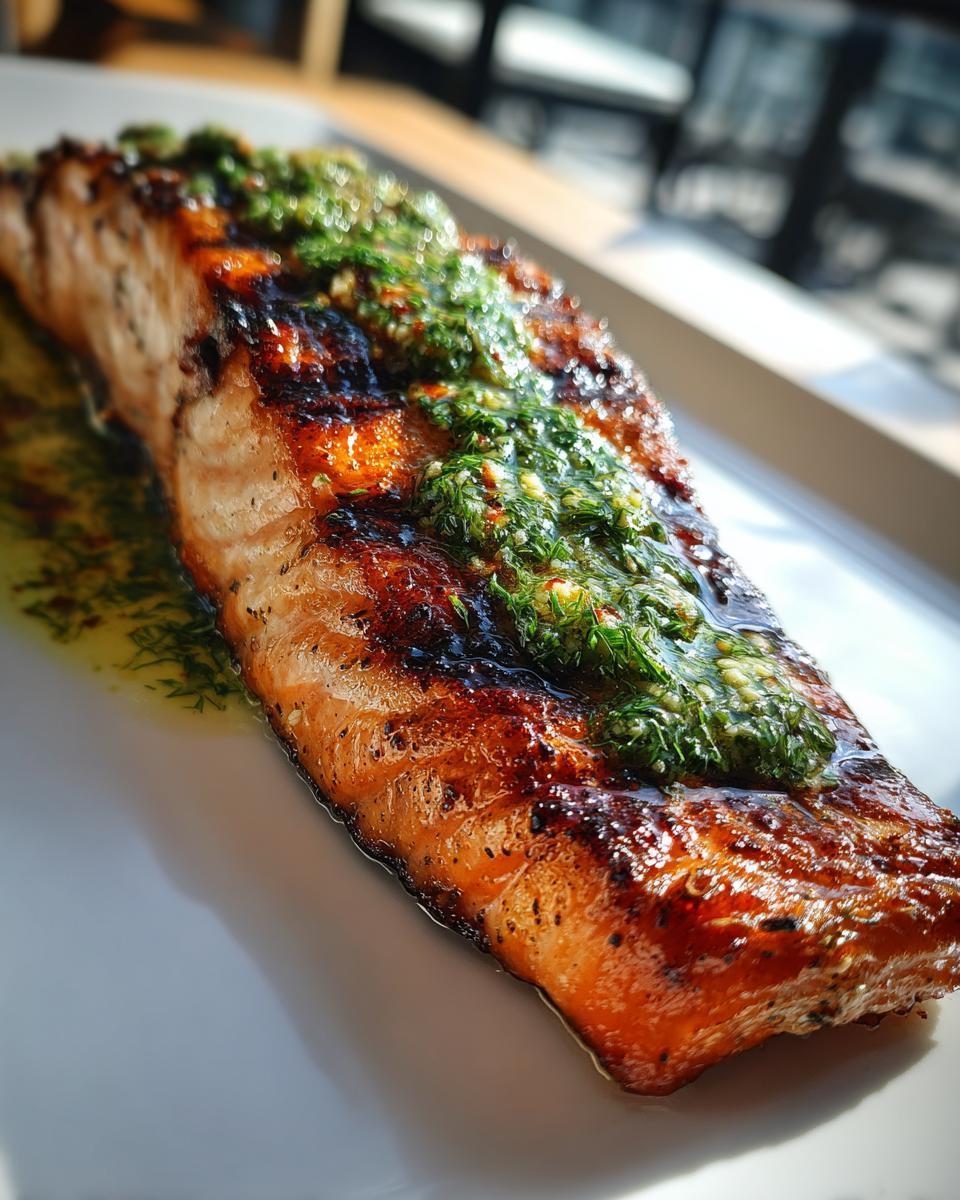 Close-up of a perfectly grilled salmon fillet topped generously with bright green dill butter sauce.